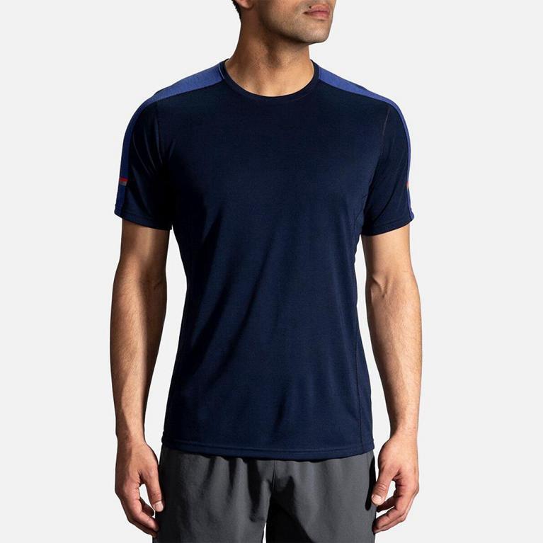 Brooks Distance Short Sleeve Running Shirt - Men's - Blue (35964-QYBZ)